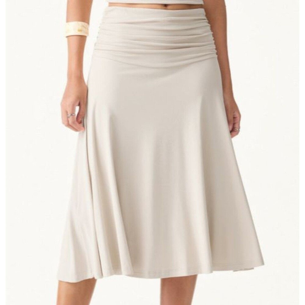 OGL Eco-SkinKiss Beige Soft Stretchy Flowy Side Ruched A-line Midi Skirt Size XS